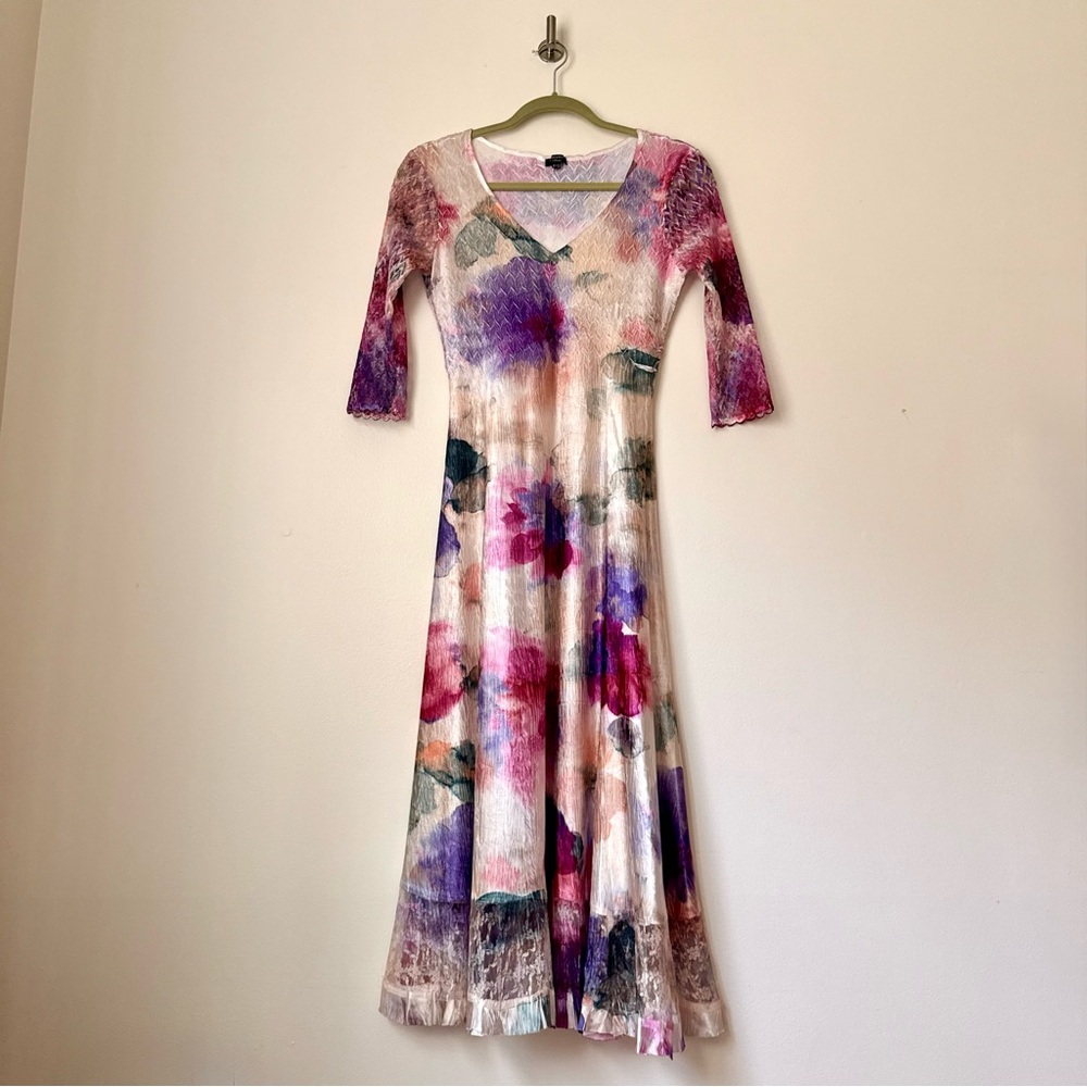 KOMAROV Lace Inset Charmeuse Cocktail Midi Dress In Floral Watercolors, S